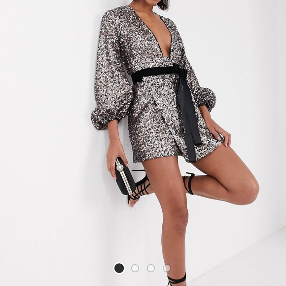 NWT Asos Long Sleeve Sequin Mini Wrap Dress - Picture 5 of 10
